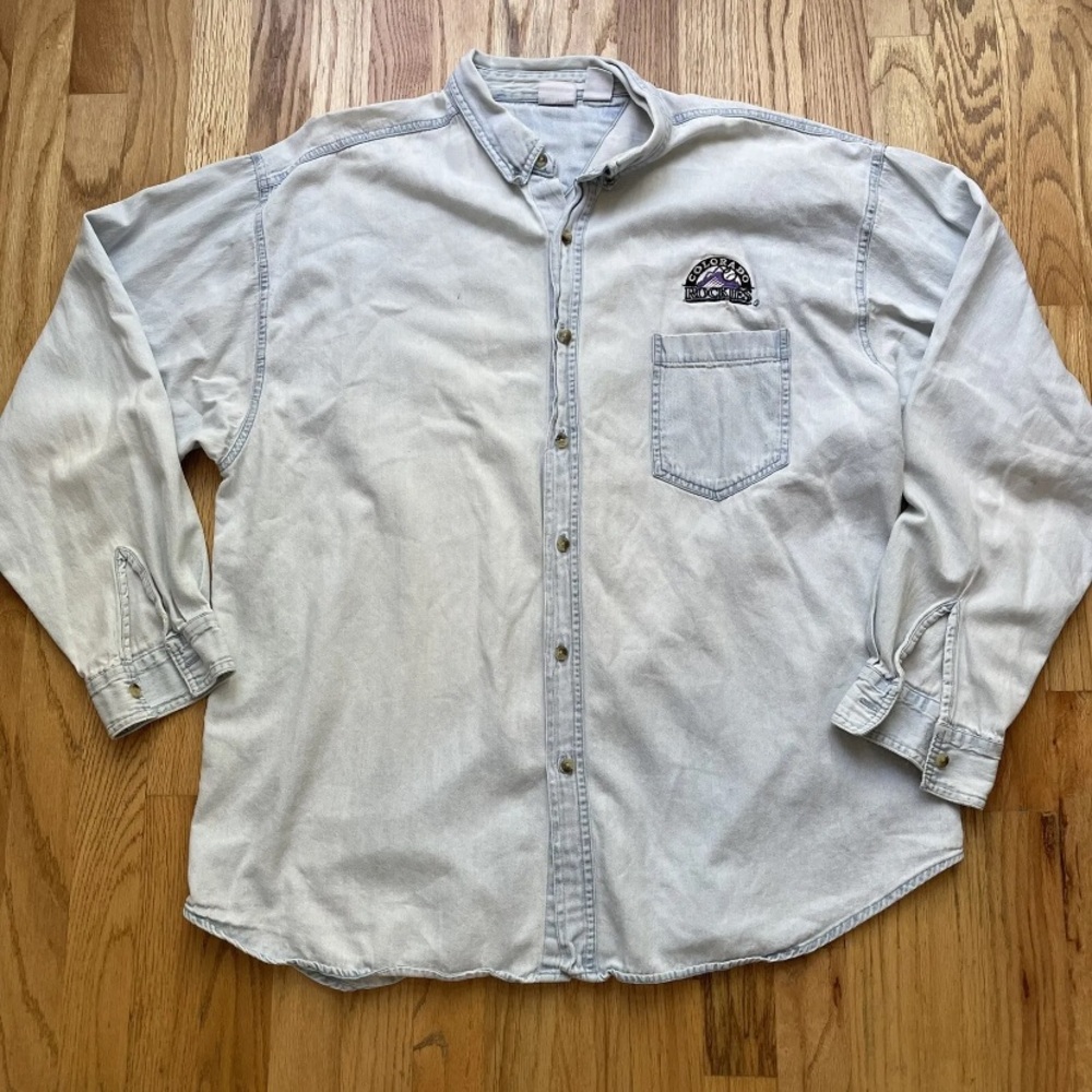 Men's Vintage 90's Colorado Rockies Blue Denim Button Up Long Sleeve Shirt Sz XL